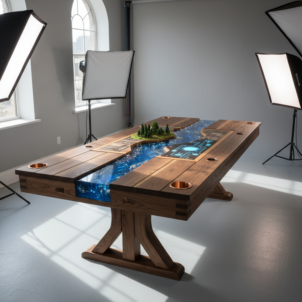 Handgefertigter Tabletop‑Spieltisch mit Resin‑River und modularen Einsätzen