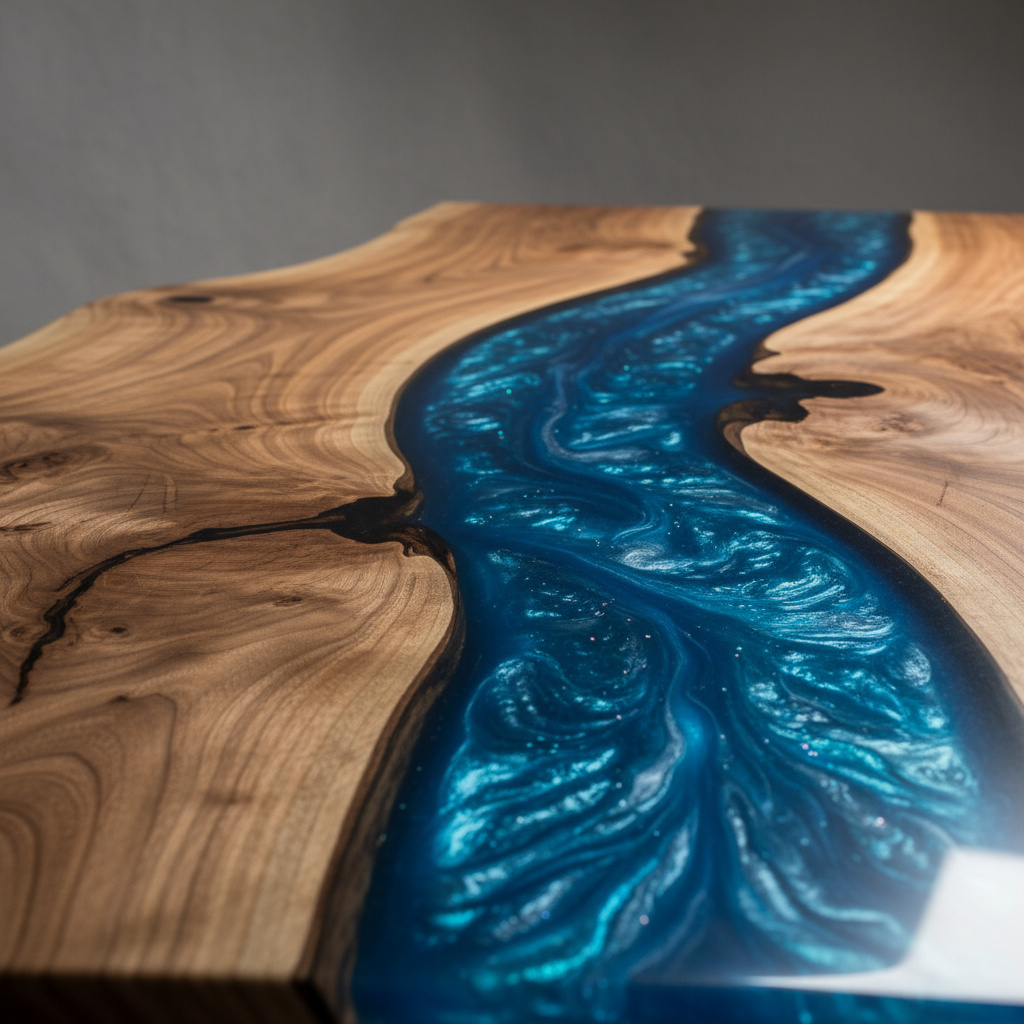 Nahaufnahme einer Live‑Edge‑Kante mit Resin‑River