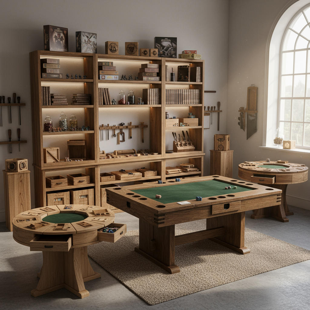 Auswahl an handgefertigten Spieltischen und Regalen mit modularen Komponenten